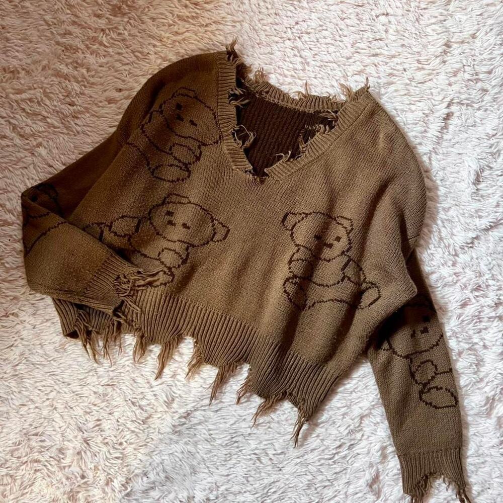 Just Polly Teddy Bear Kidcore Grunge Edgy Distressed‎ Oversized Dolan Sweater
